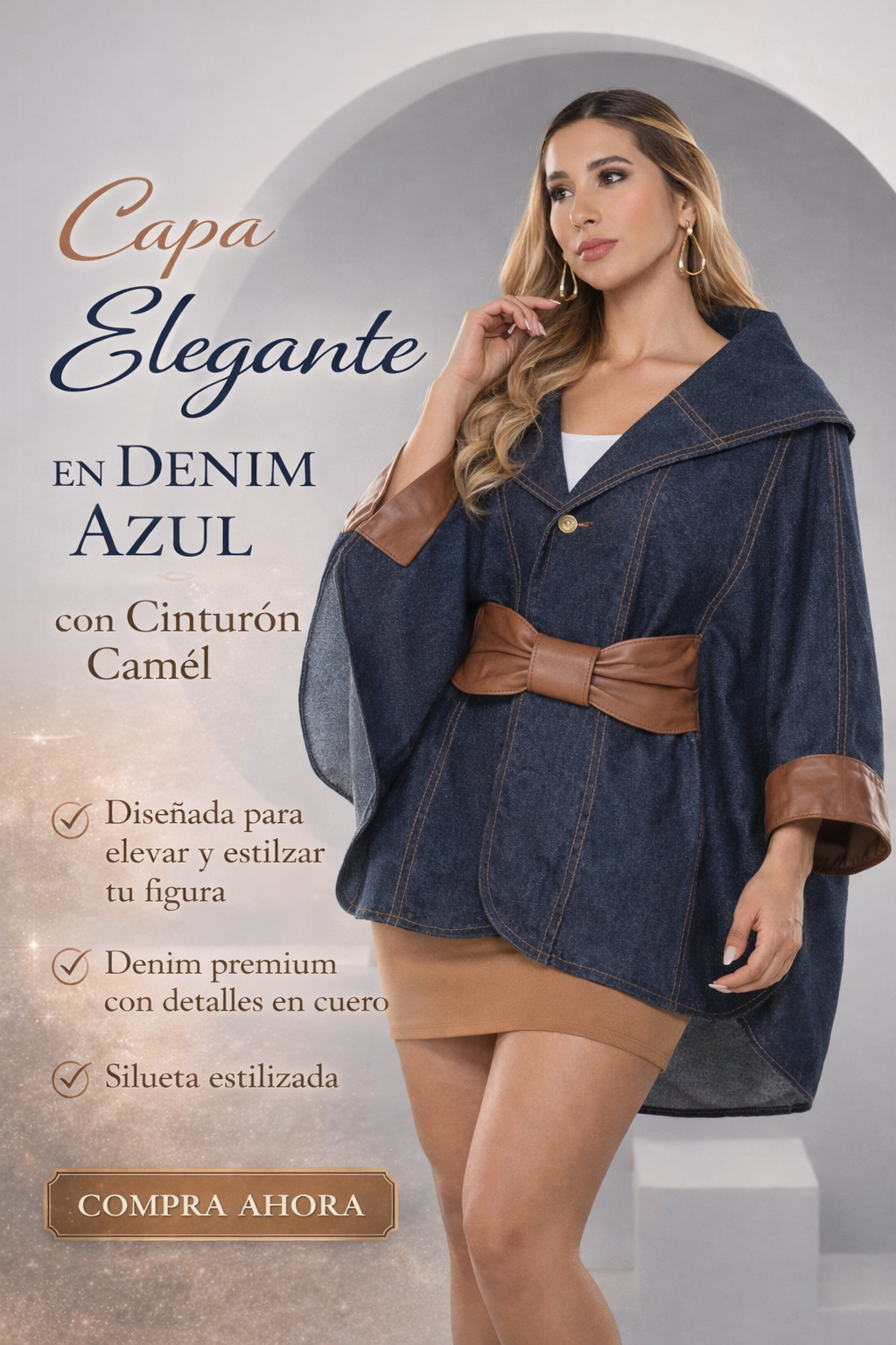 Capa Elegante en Denim Azul con Cinturón Camel